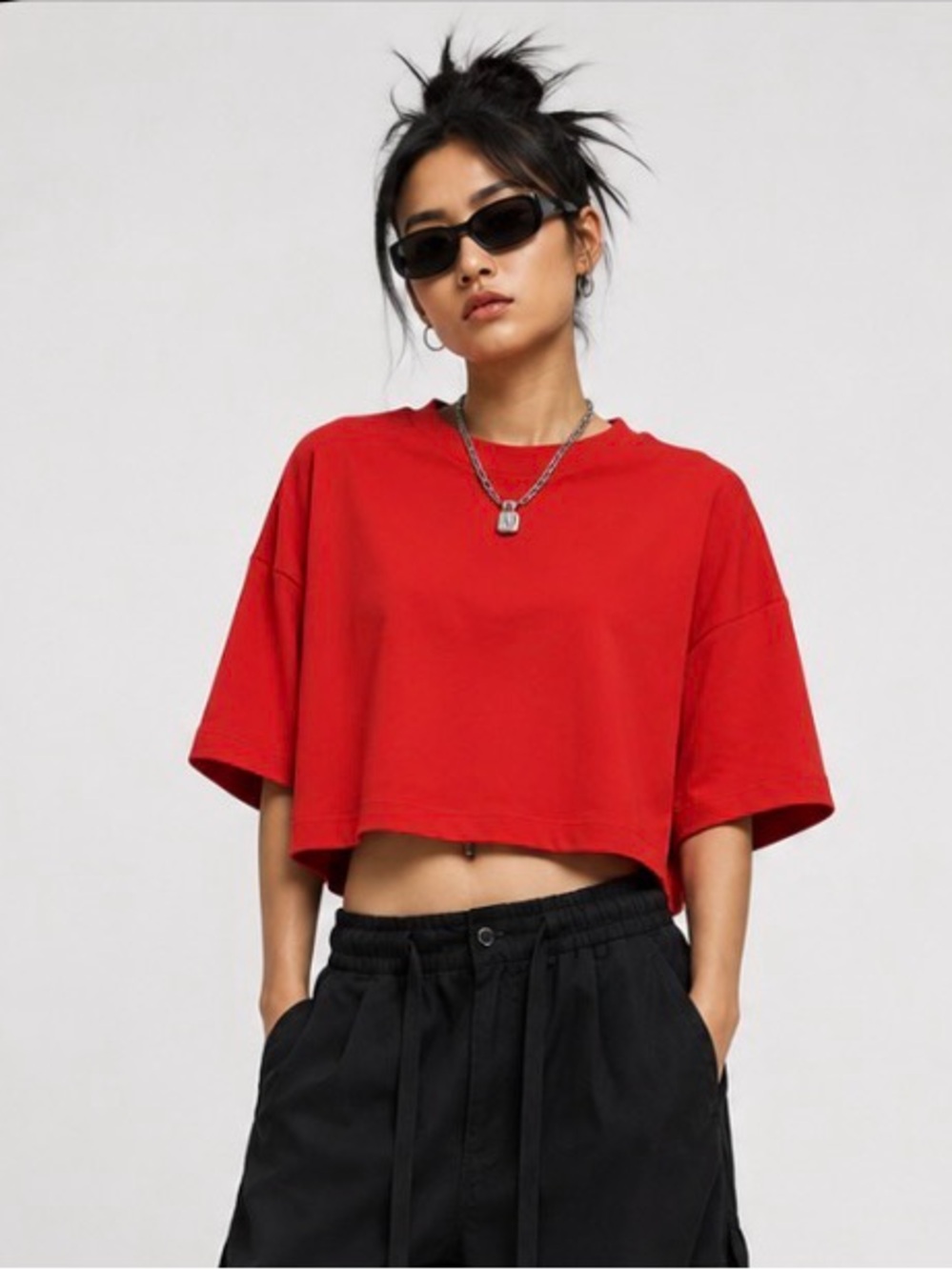 Relaxed Red Crewneck Short Sleeve Cropped Streetwear Modern Casual Top XXL